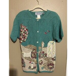 Jantzen Cardigan Sweater Women Small Hand Embroidered Floral Bird Gran Cottage